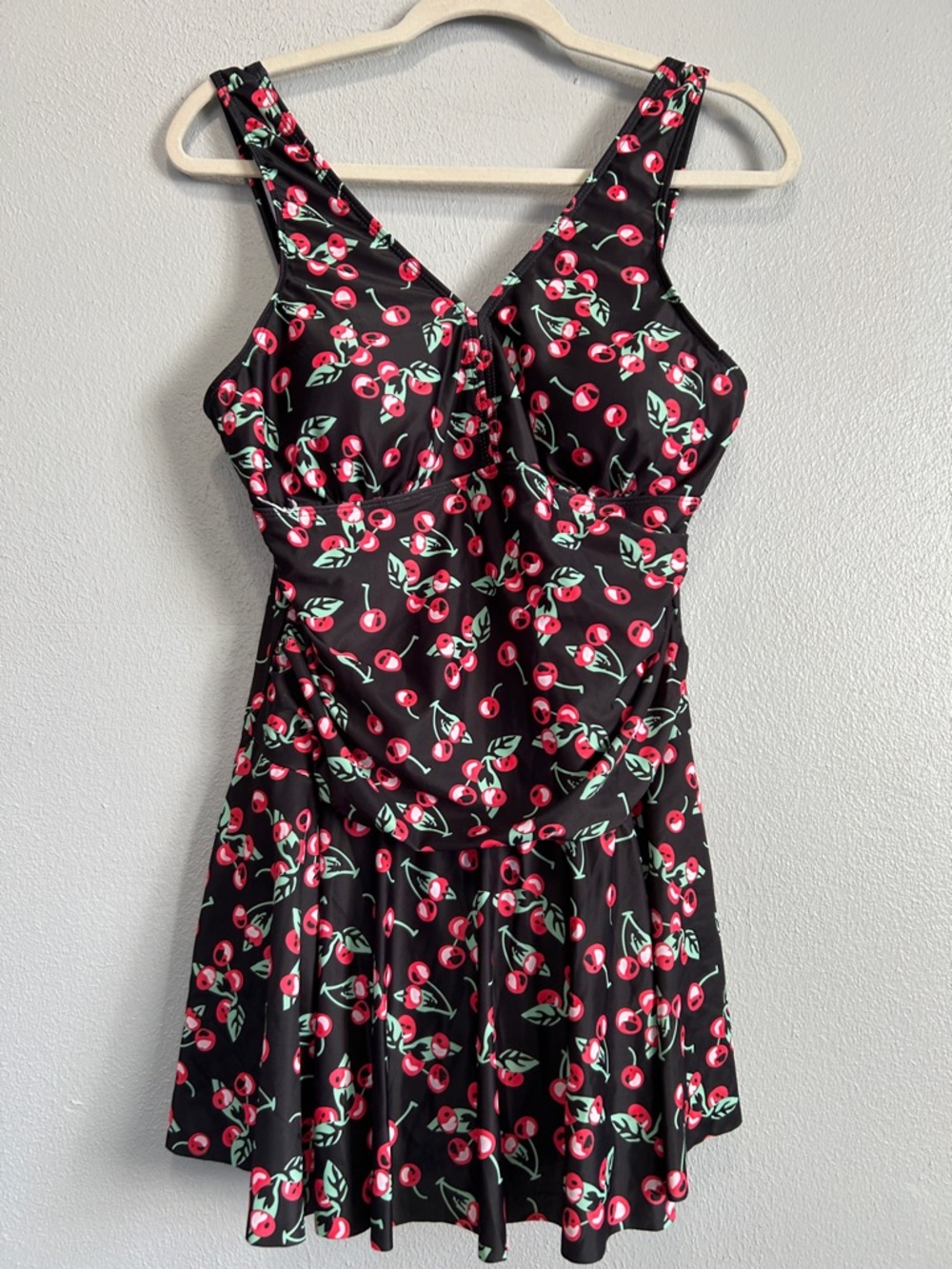 Black Cherry print Swim dress with built in boy shorts. 2XL